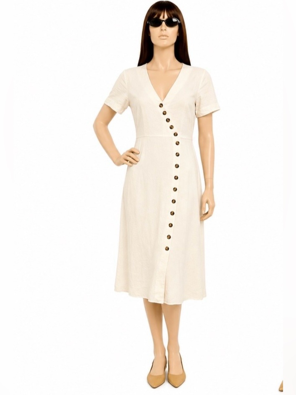 Madewell Linen Blend Button Wrap Midi Dress Off White Cottagecore Size 6